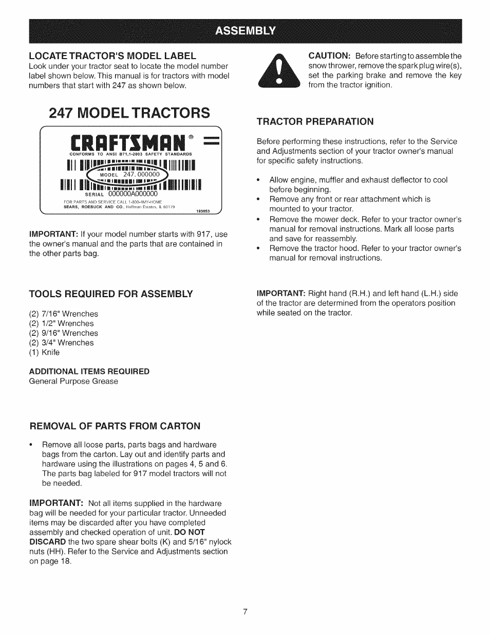 247 model tractors, Crflftsmfln, Ilill | Assembly | Craftsman 486.248371 User Manual | Page 7 / 28