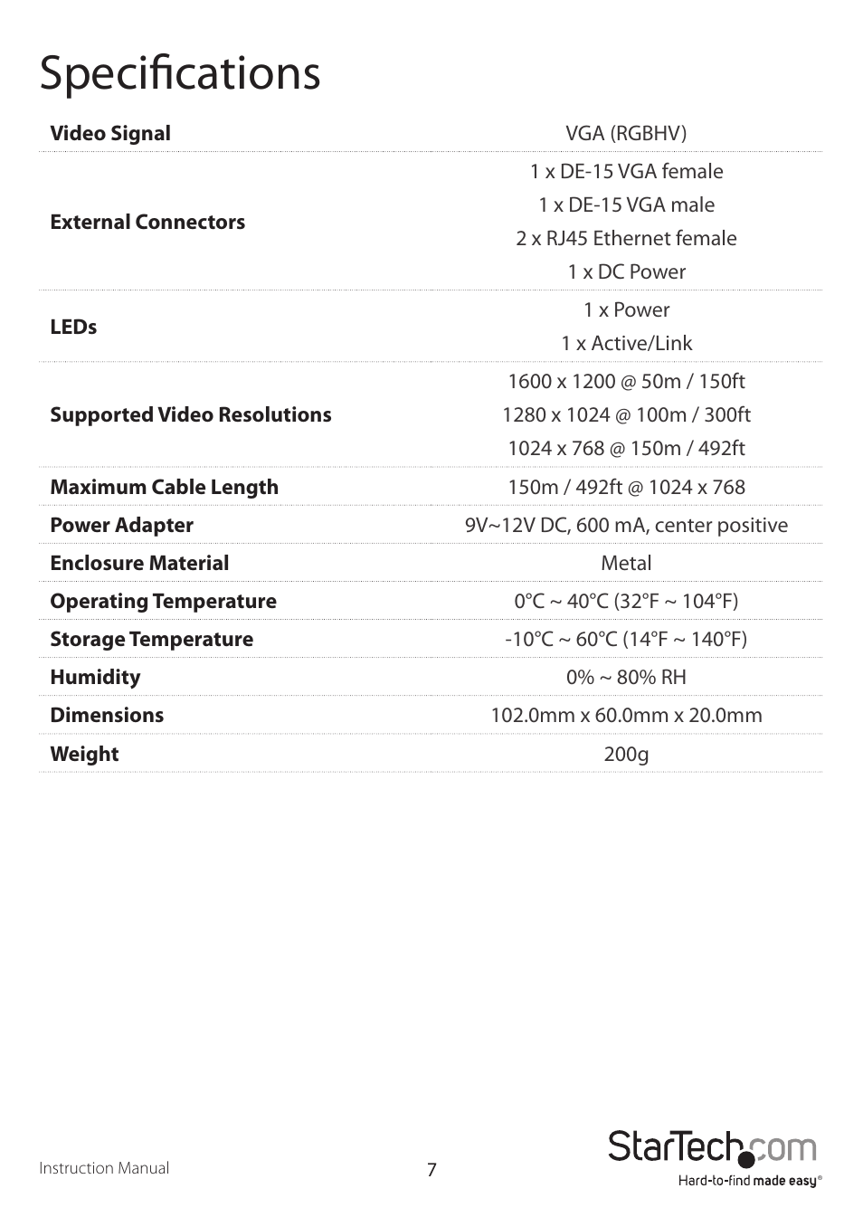 Specifications | StarTech.com ST1212T User Manual | Page 10 / 12