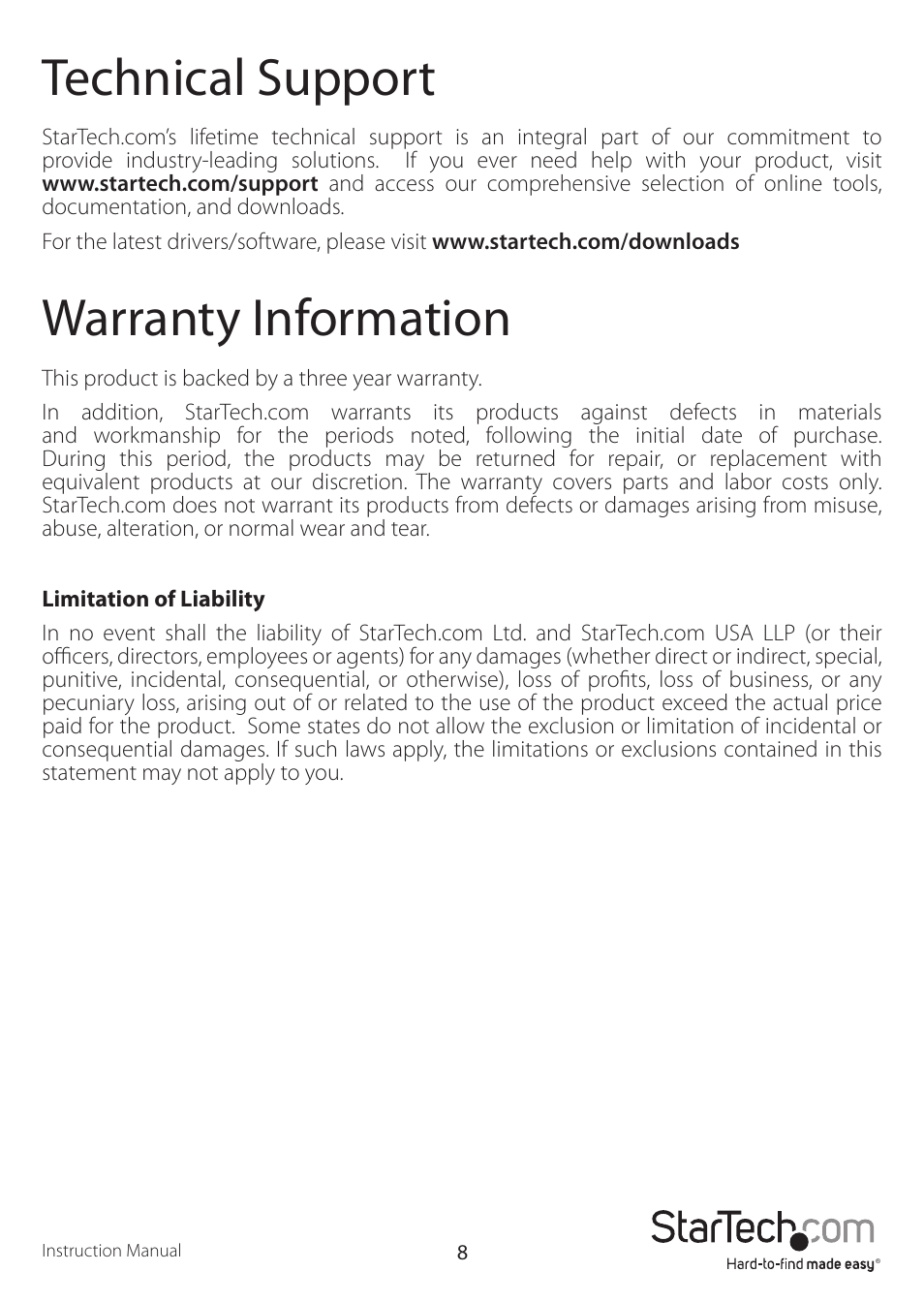 Technical support, Warranty information | StarTech.com ST1212T User Manual | Page 11 / 12