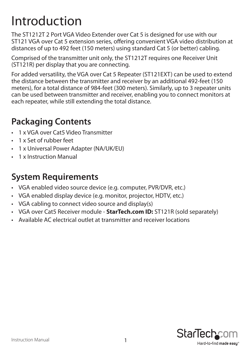 Introduction, Packaging contents, System requirements | StarTech.com ST1212T User Manual | Page 4 / 12