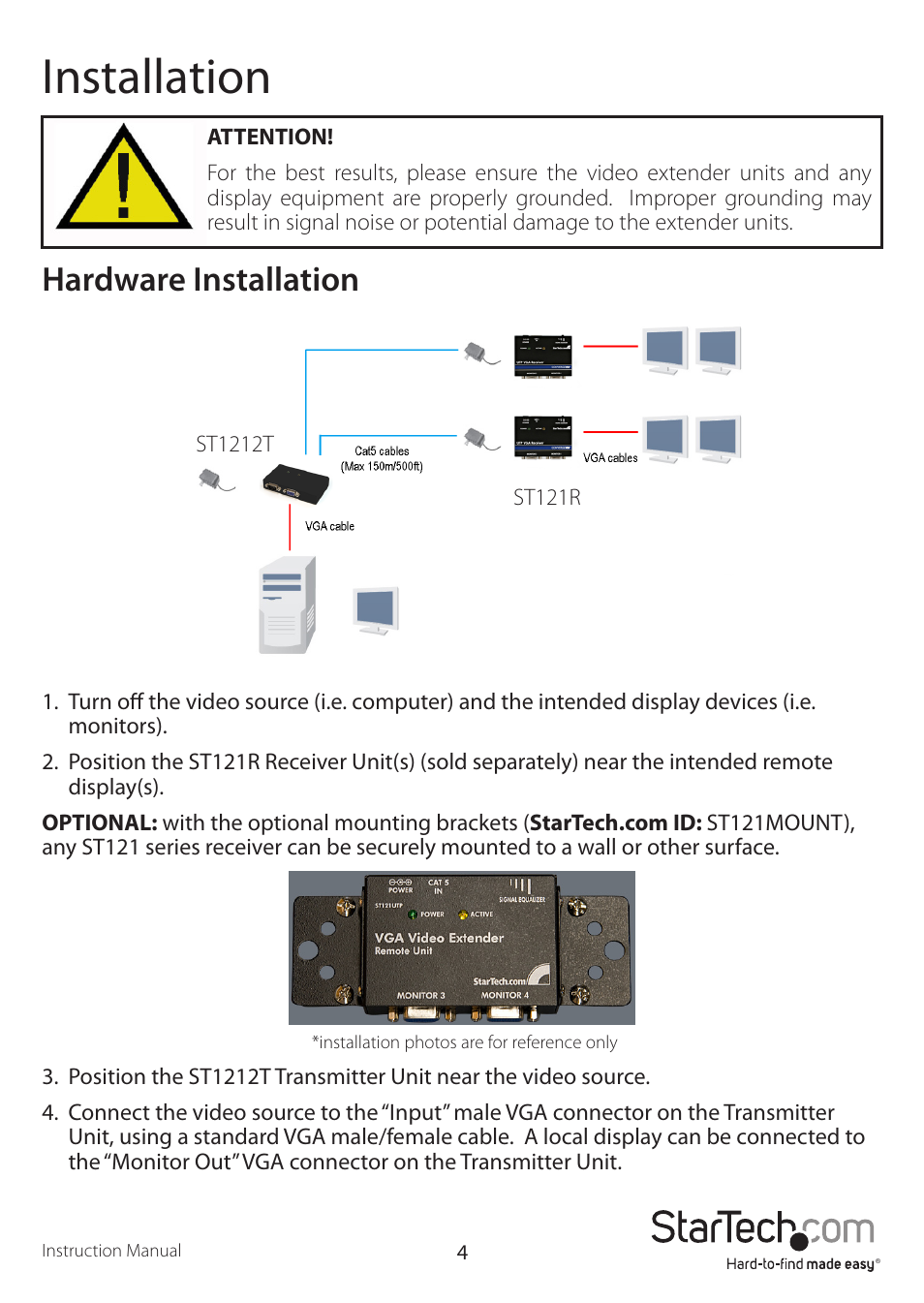 Installation, Hardware installation | StarTech.com ST1212T User Manual | Page 7 / 12