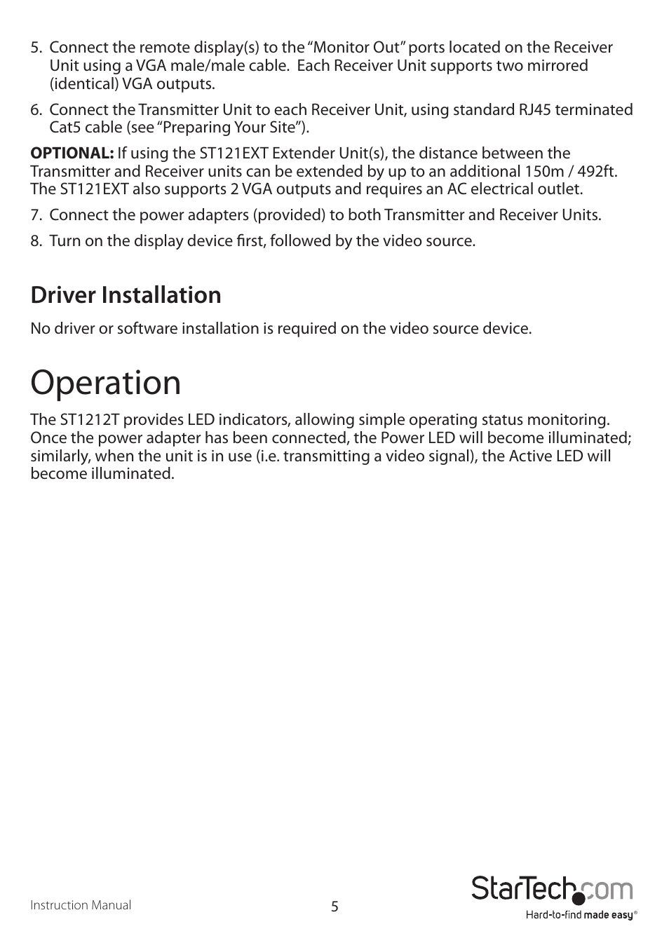 Operation, Driver installation | StarTech.com ST1212T User Manual | Page 8 / 12