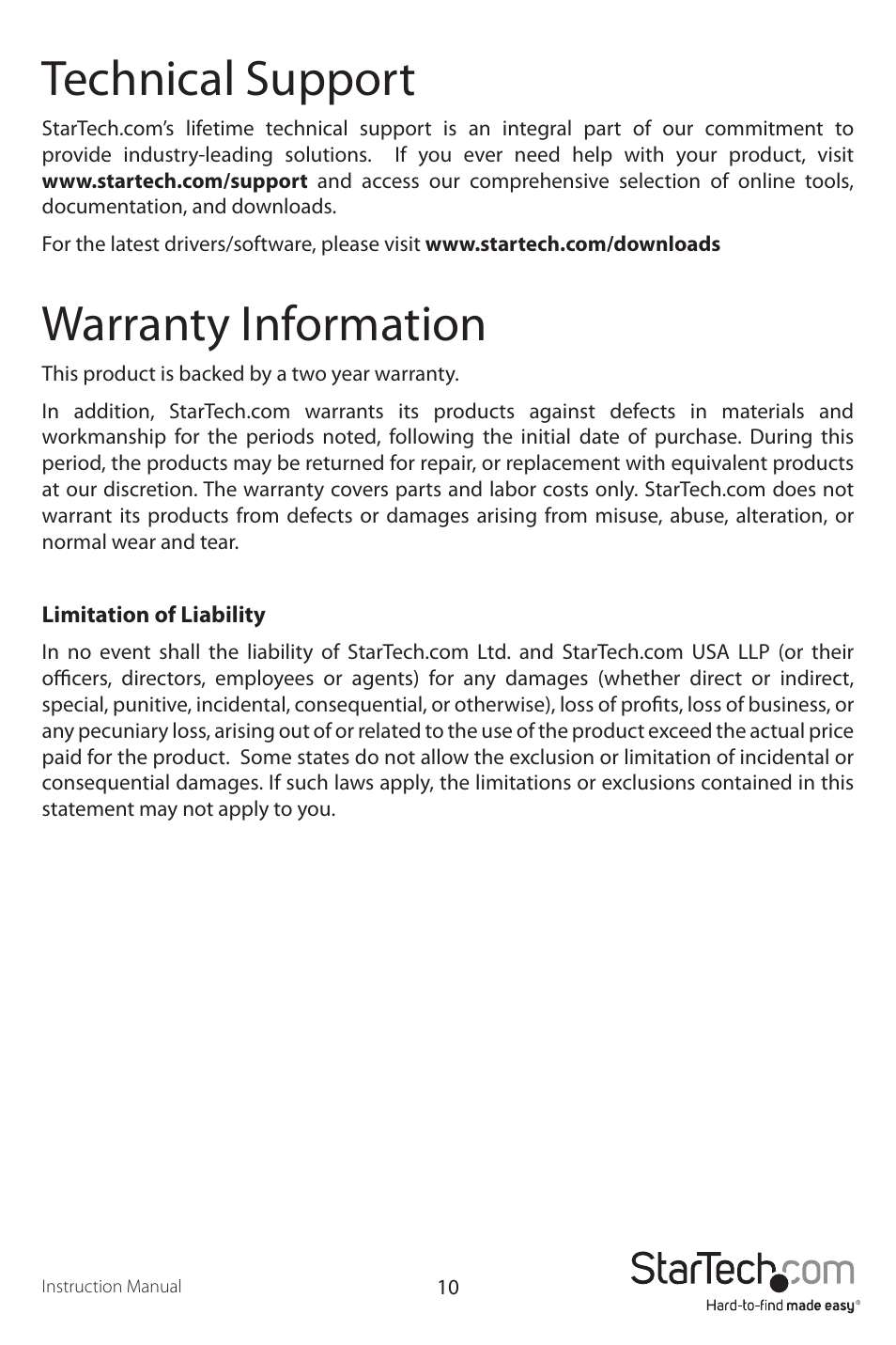 Technical support, Warranty information | StarTech.com ST121EXT User Manual | Page 13 / 14