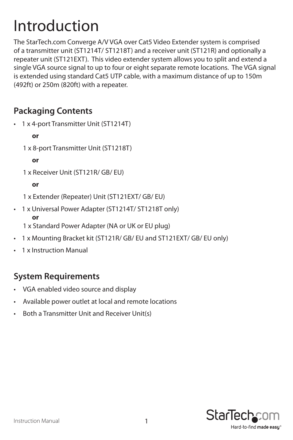 Introduction, Packaging contents, System requirements | StarTech.com ST121EXT User Manual | Page 4 / 14