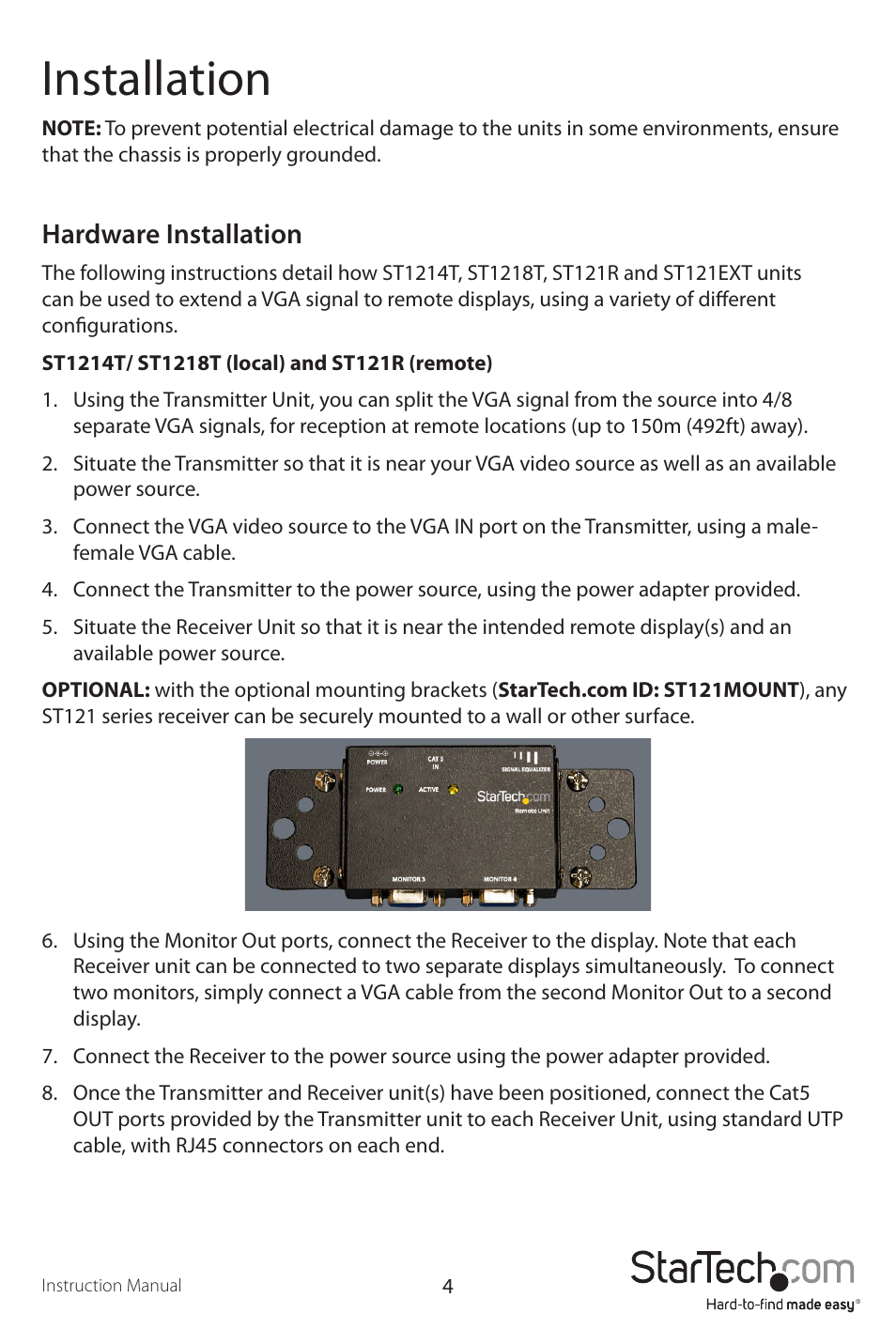 Installation, Hardware installation | StarTech.com ST121EXT User Manual | Page 7 / 14