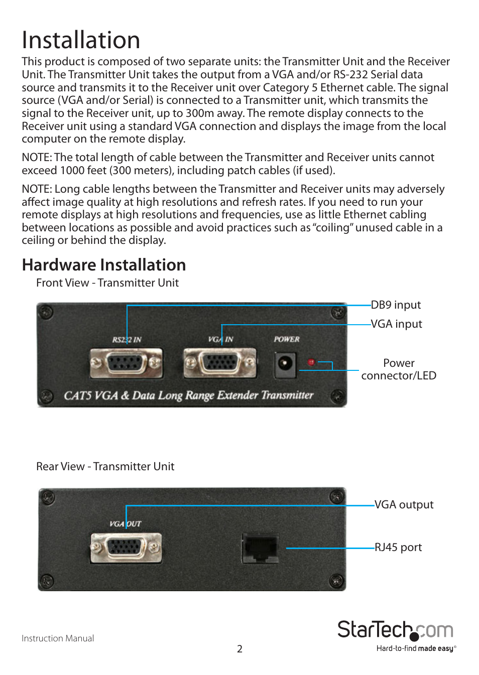 Installation, Hardware installation | StarTech.com ST121UTP232 User Manual | Page 5 / 10