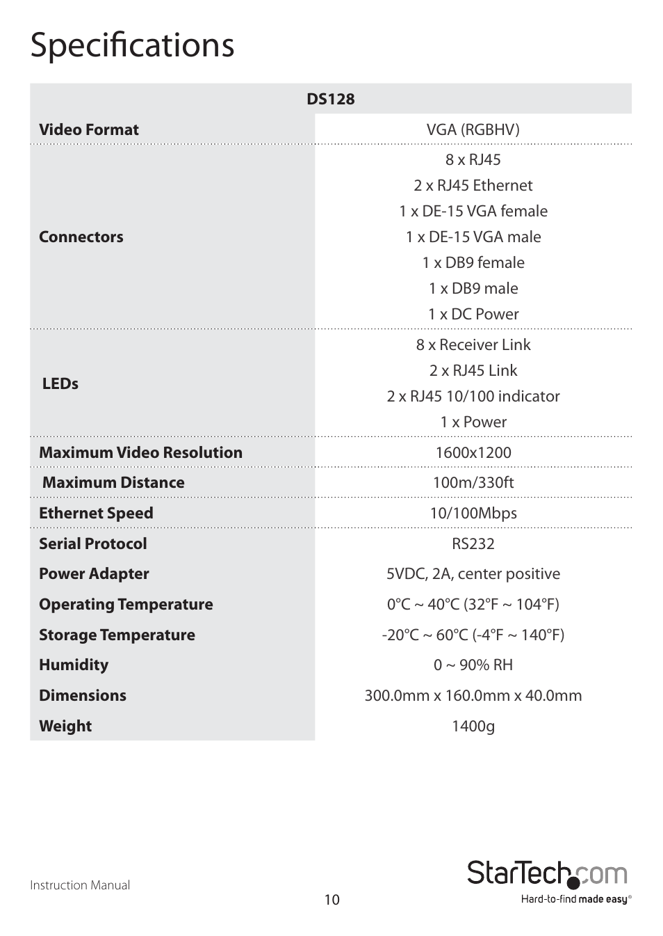 Specifications | StarTech.com DSRXL User Manual | Page 13 / 16