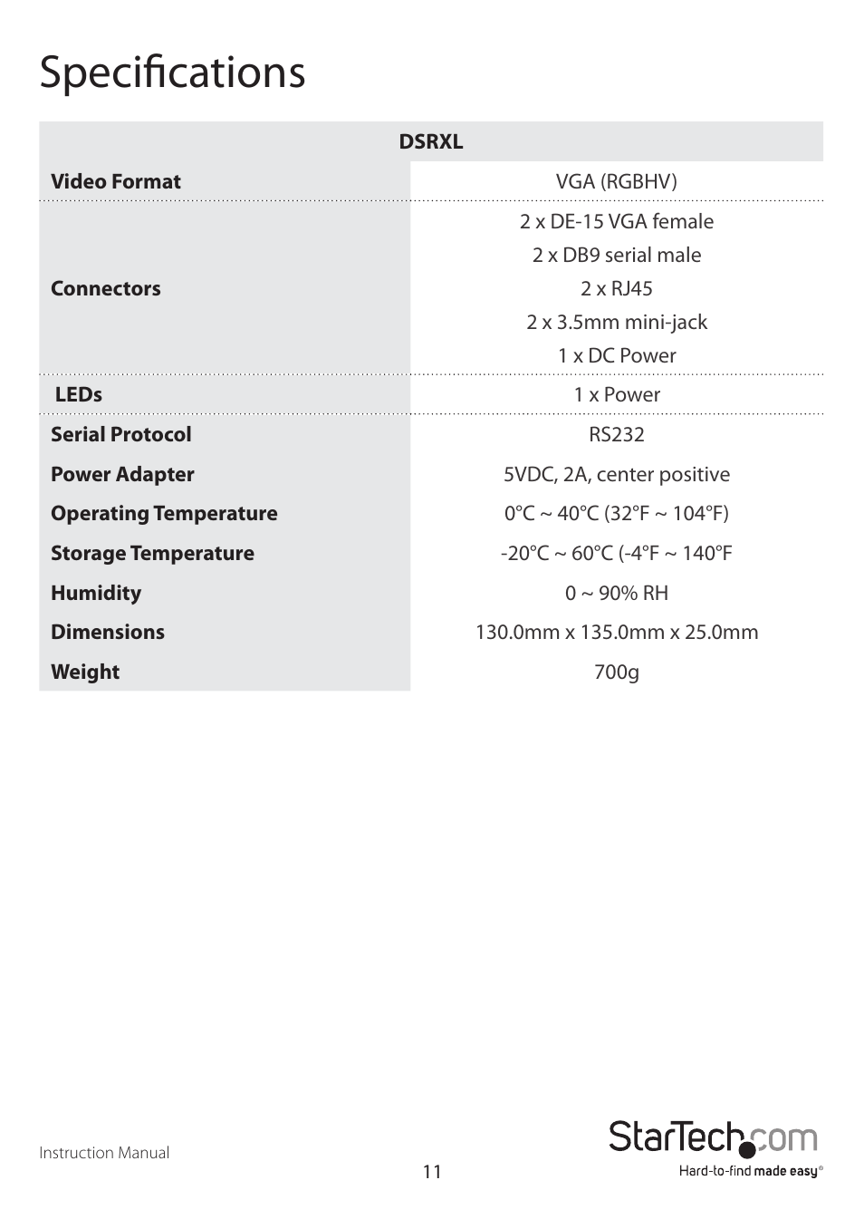 Specifications | StarTech.com DSRXL User Manual | Page 14 / 16