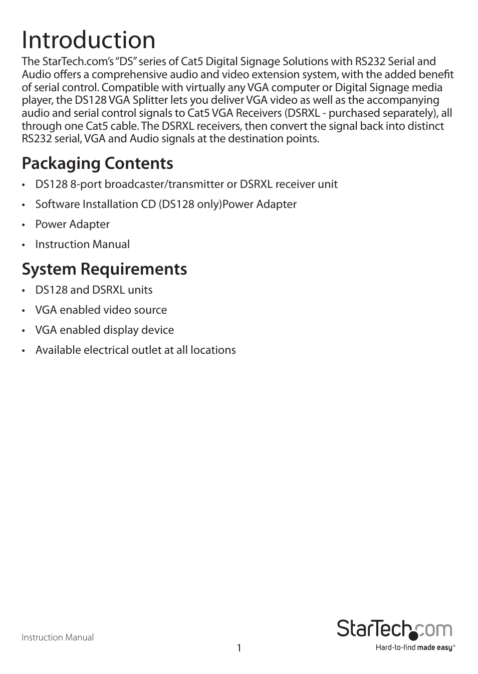 Introduction, Packaging contents, System requirements | StarTech.com DSRXL User Manual | Page 4 / 16