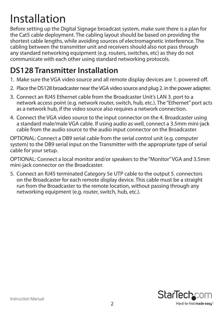 Installation, Ds128 transmitter installation | StarTech.com DSRXL User Manual | Page 5 / 16