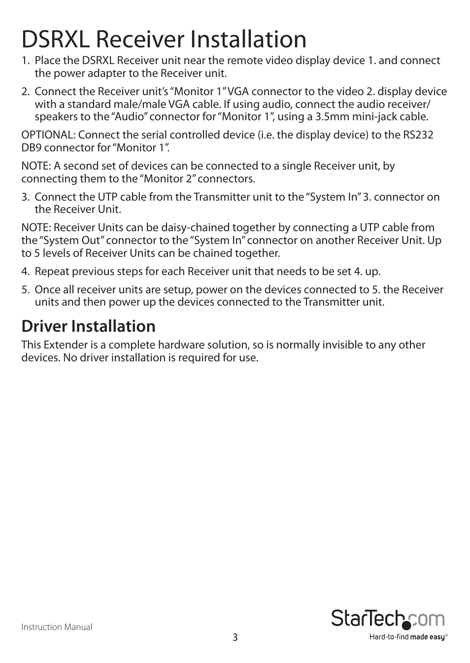 Dsrxl receiver installation, Driver installation | StarTech.com DSRXL User Manual | Page 6 / 16