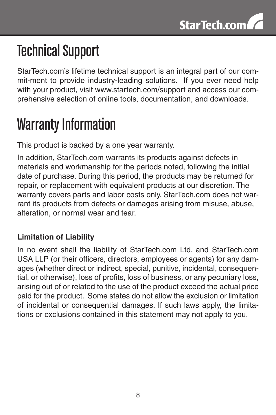 Technical support, Warranty information | StarTech.com STUTPWALLA User Manual | Page 11 / 12