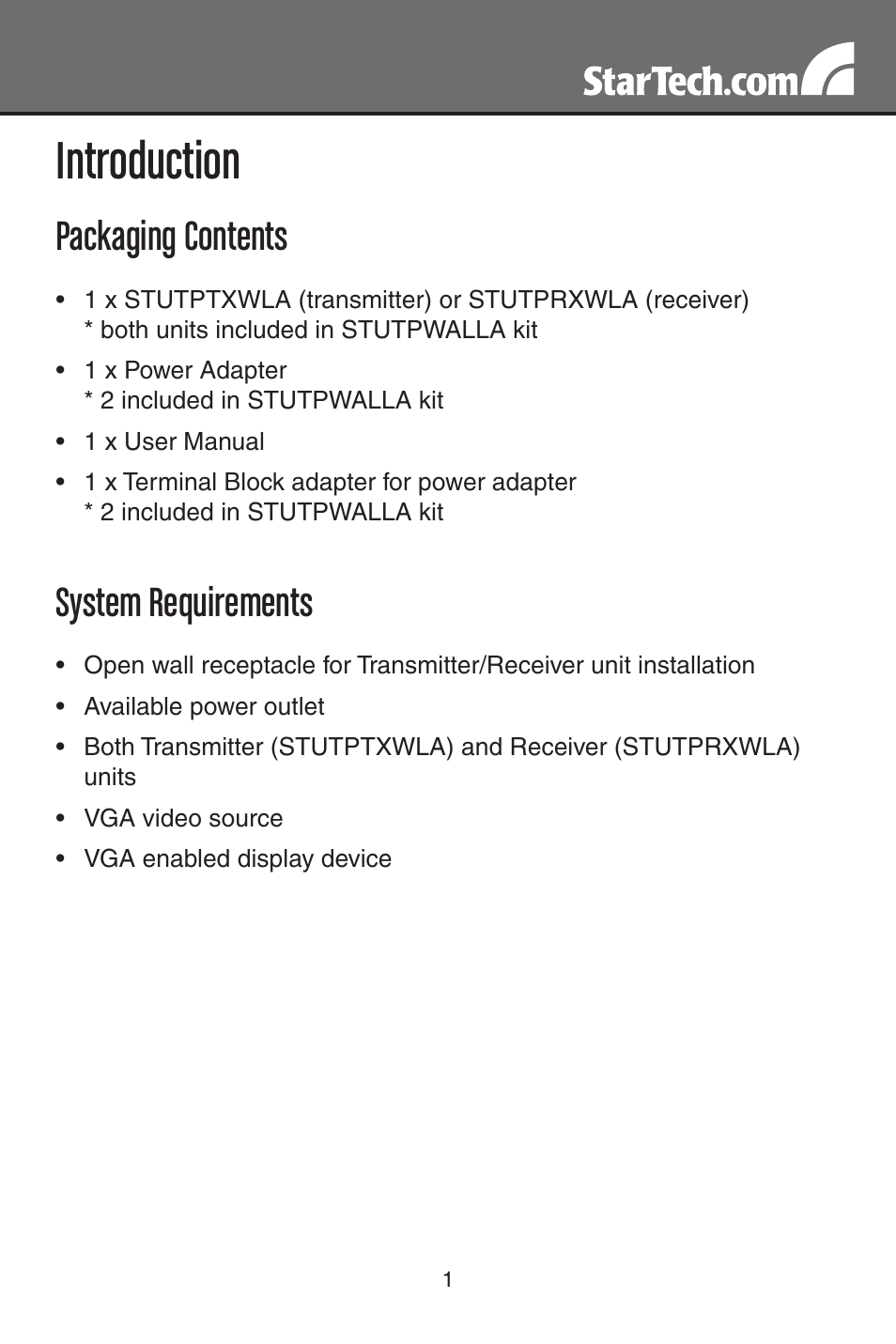 Introduction, Packaging contents, System requirements | StarTech.com STUTPWALLA User Manual | Page 4 / 12