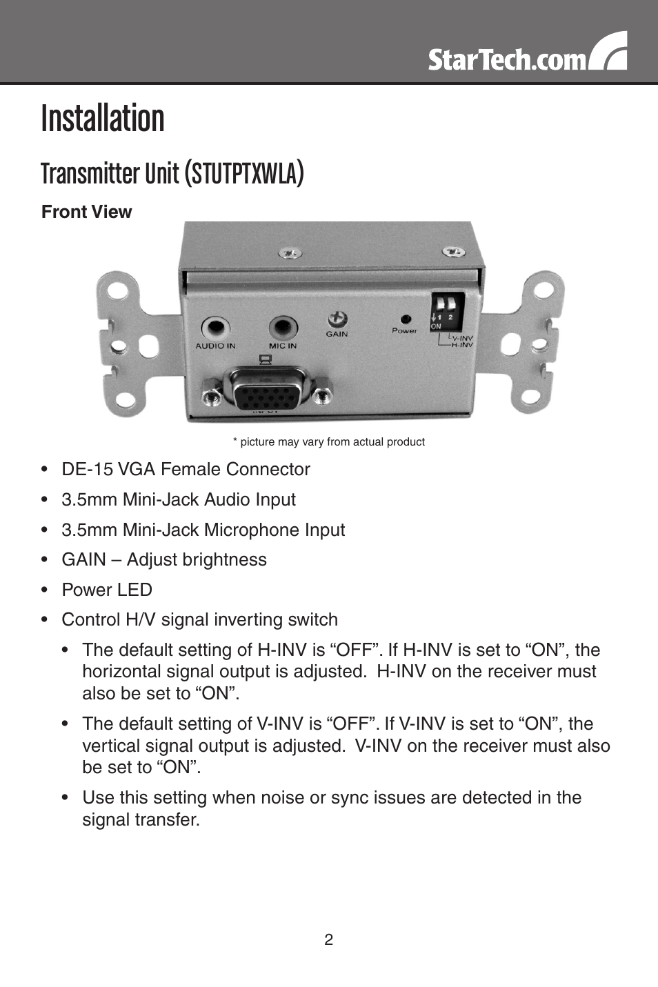 Installation, Transmitter unit (stutptxwla) | StarTech.com STUTPWALLA User Manual | Page 5 / 12