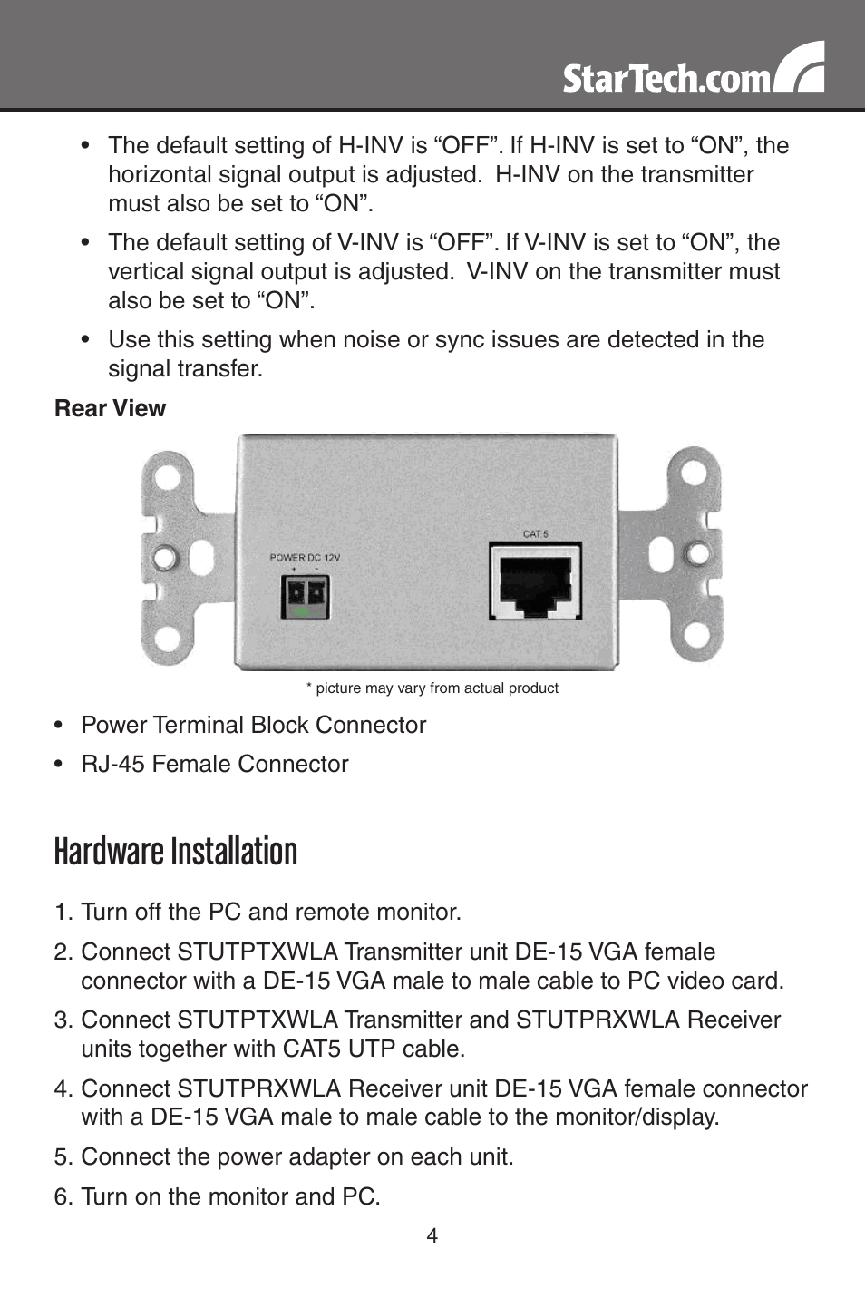 Hardware installation | StarTech.com STUTPWALLA User Manual | Page 7 / 12