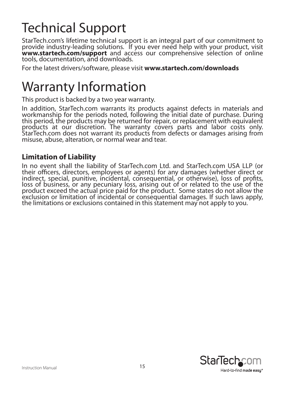 Technical support, Warranty information | StarTech.com WIFI2VGA User Manual | Page 18 / 19