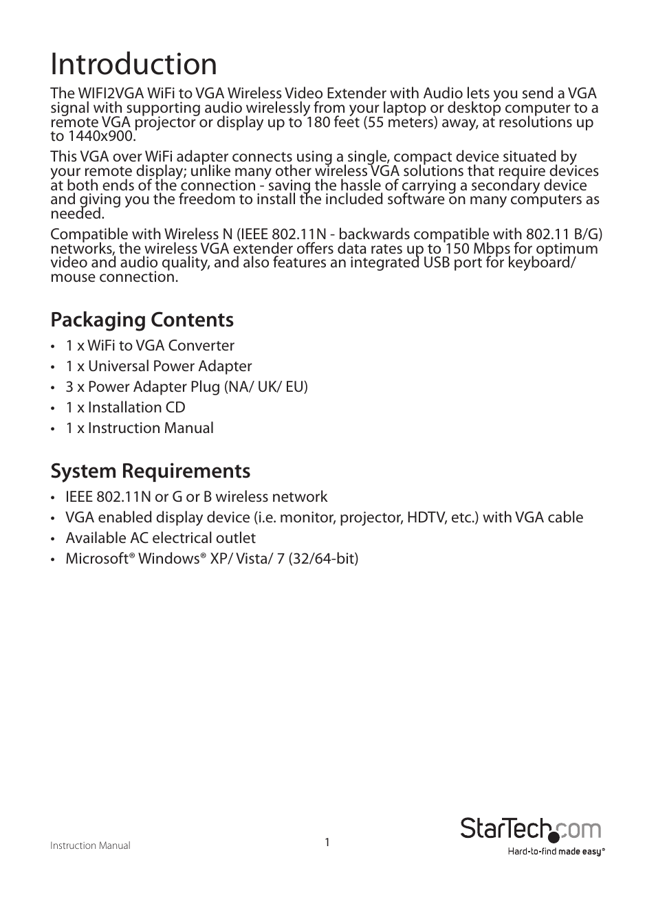 Introduction, Packaging contents, System requirements | StarTech.com WIFI2VGA User Manual | Page 4 / 19