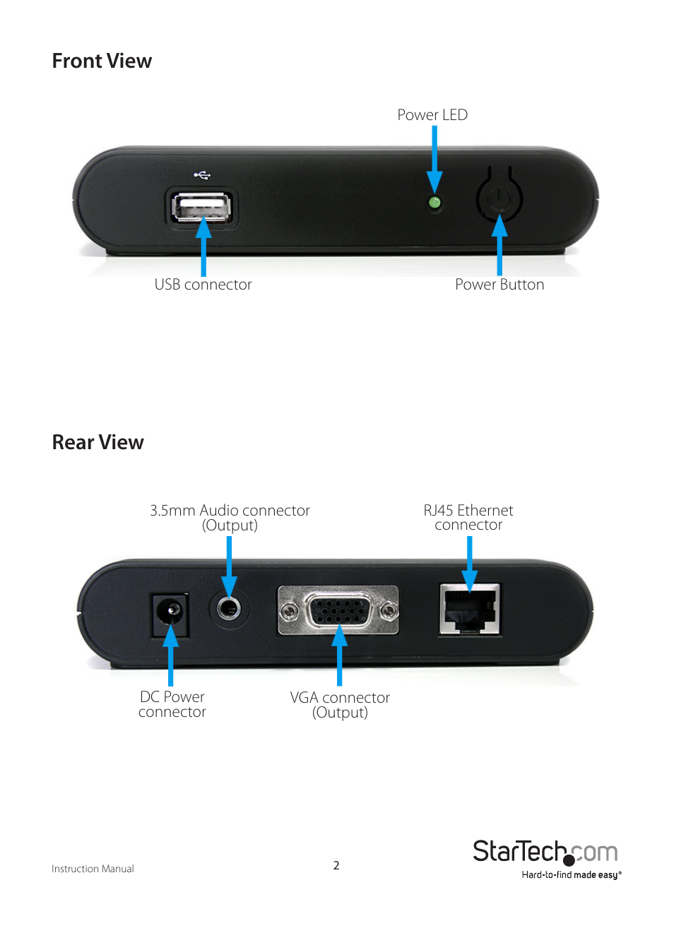 Front view rear view | StarTech.com WIFI2VGA User Manual | Page 5 / 19