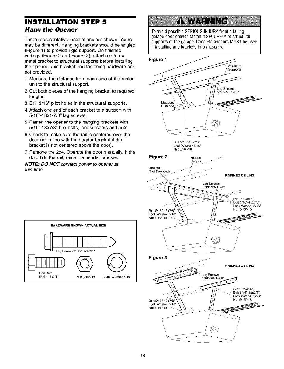 Hang the opener, A warning, Installation step 5 | Craftsman 139.53910 User Manual | Page 16 / 76