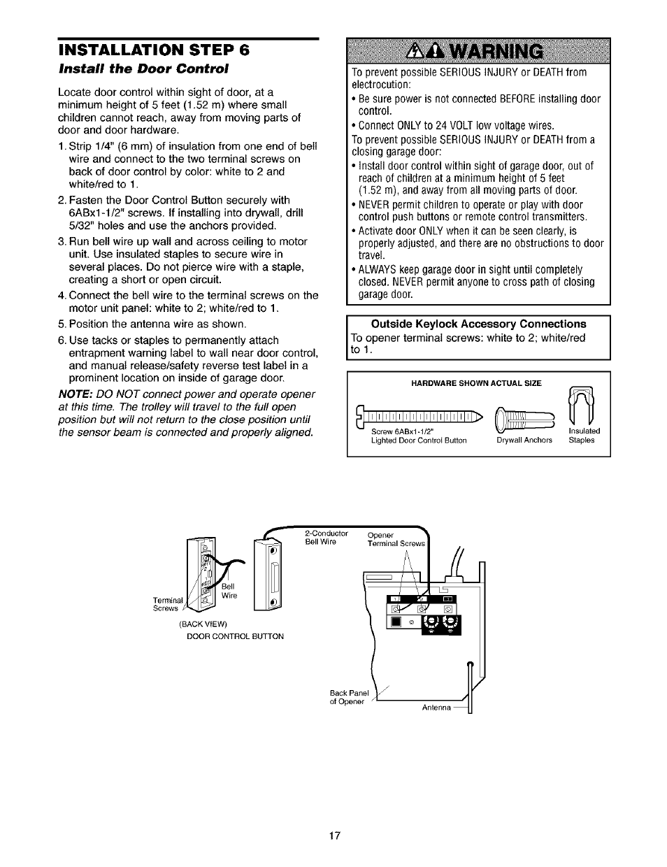 Installation step 6, Install the door control, Warning | Craftsman 139.53910 User Manual | Page 17 / 76