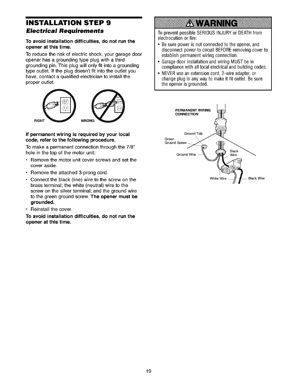 Electrical requirements, A warning, Installation step 9 | Craftsman 139.53910 User Manual | Page 19 / 76