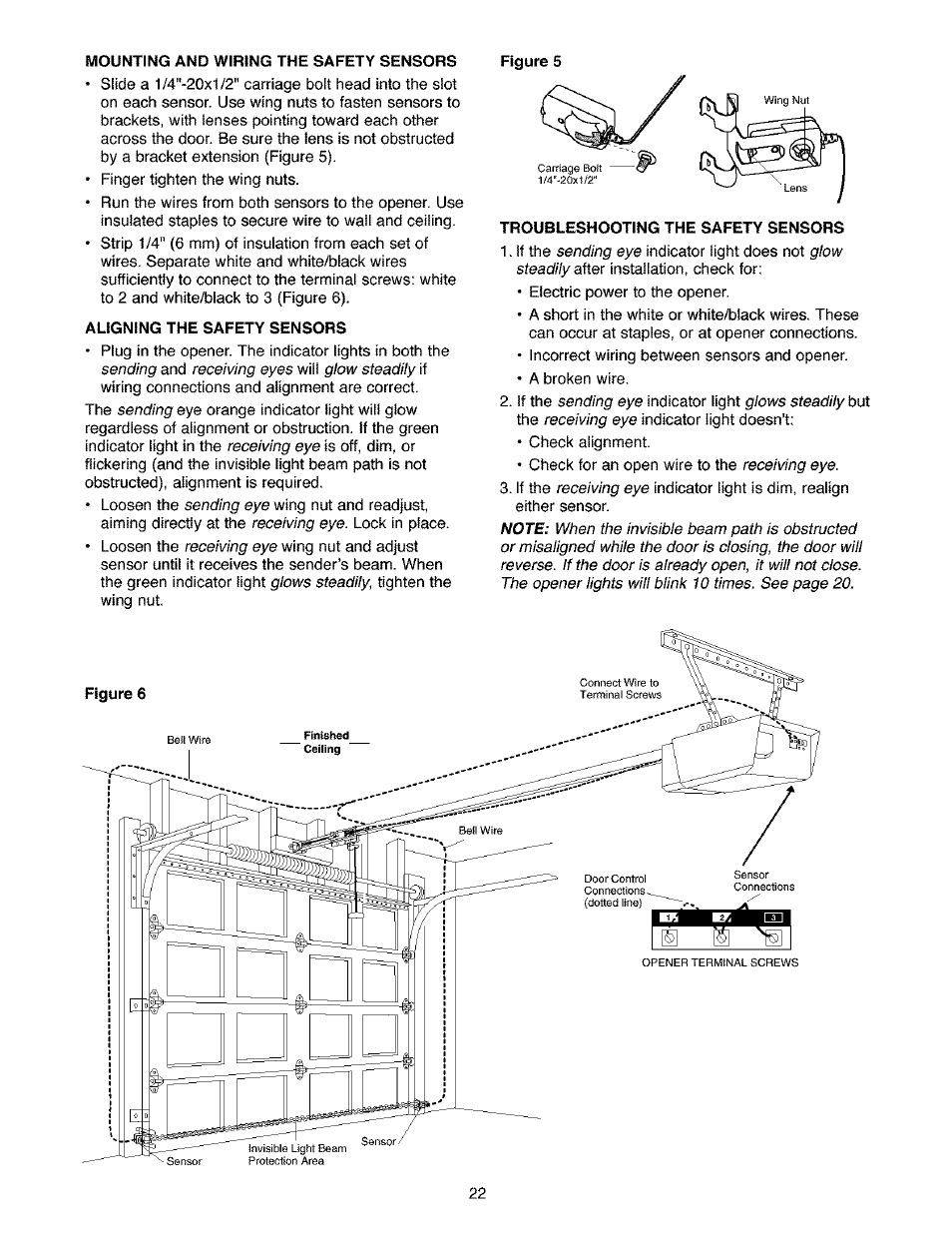 Mounting and wiring the safety sensors, Aligning the safety sensors, Figure 5 | Troubleshooting the safety sensors | Craftsman 139.53910 User Manual | Page 22 / 76