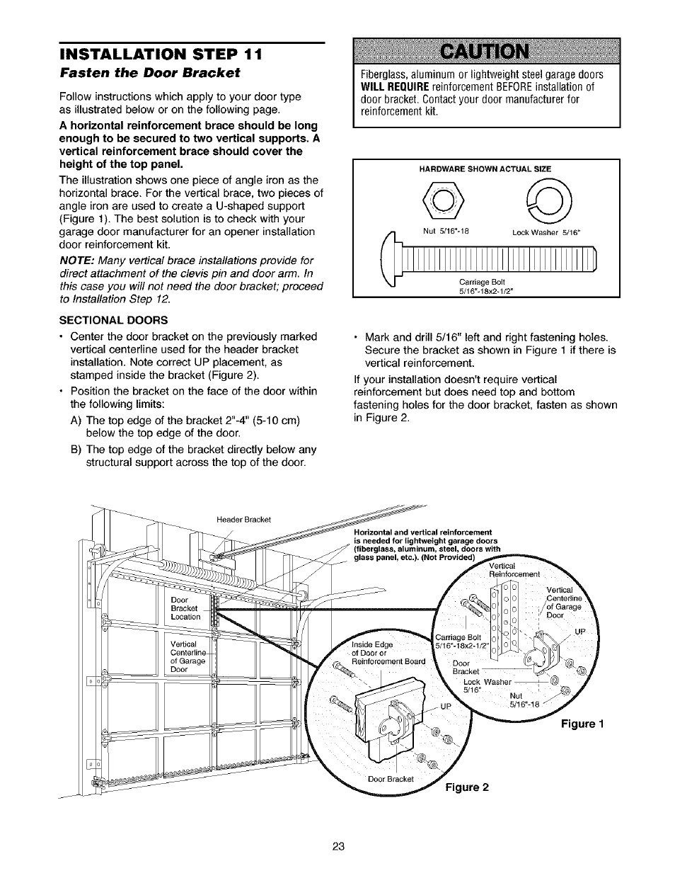 Fasten the door bracket, Sectional doors, Fasten the door bracket -24 | Caution, Installation step 11 | Craftsman 139.53910 User Manual | Page 23 / 76