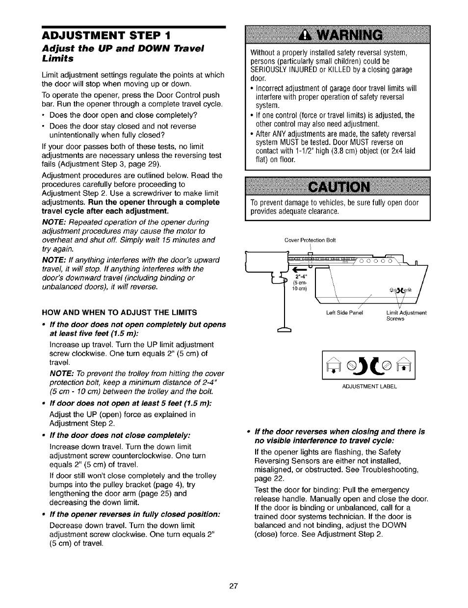 Adjustment step 1, Adjust the up and down travel limits, Warning | Caution | Craftsman 139.53910 User Manual | Page 27 / 76