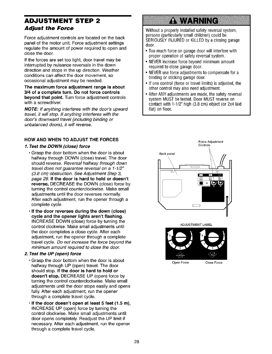 Adjustment step 2, Adjust the force, Warning | Craftsman 139.53910 User Manual | Page 28 / 76