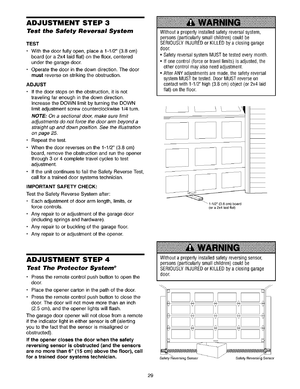 Adjustment step 3, Test the safety reversal system, Test | Adjust, Important safety check, Adjustment step 4, Test the protector system, A warning, Ik warning | Craftsman 139.53910 User Manual | Page 29 / 76