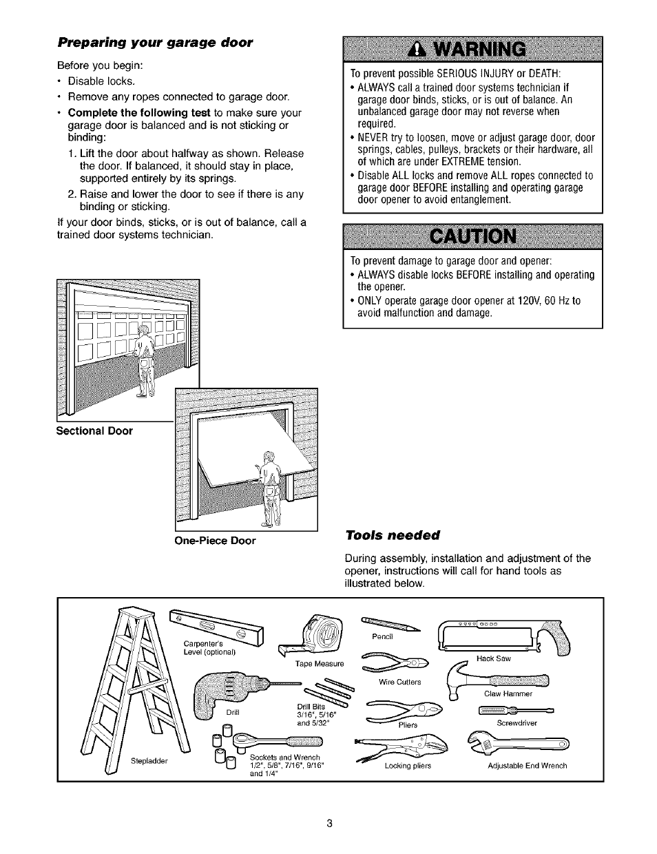 Preparing your garage door, Ik warning, Caution | Toots needed, Tools needed | Craftsman 139.53910 User Manual | Page 3 / 76