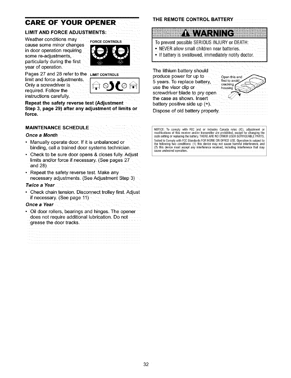 Care of your opener, Warning | Craftsman 139.53910 User Manual | Page 32 / 76