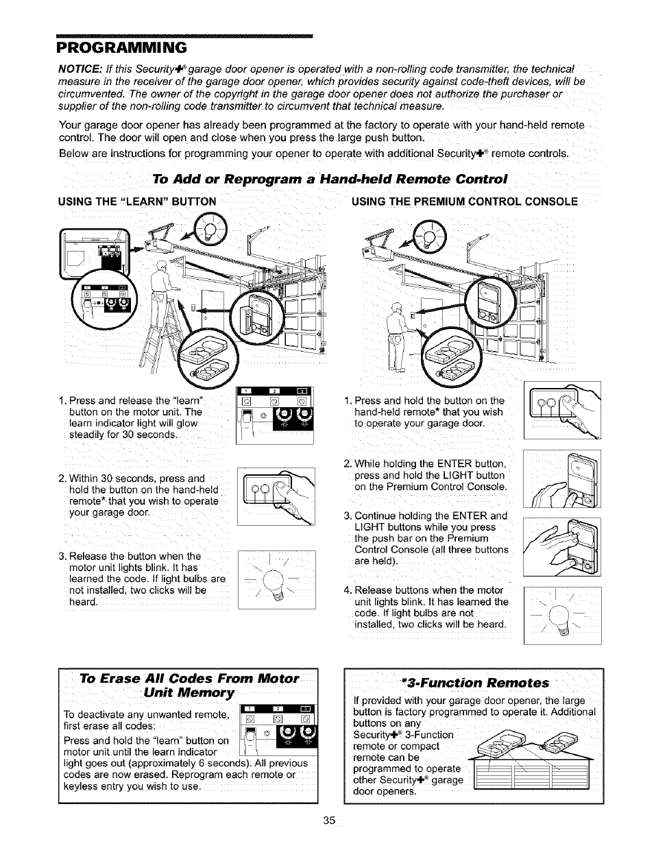 To add or refuograrn a hand-held remote cantml, To erase all codes from motor, To add or reprogram a hand-held remote control | Craftsman 139.53910 User Manual | Page 35 / 76