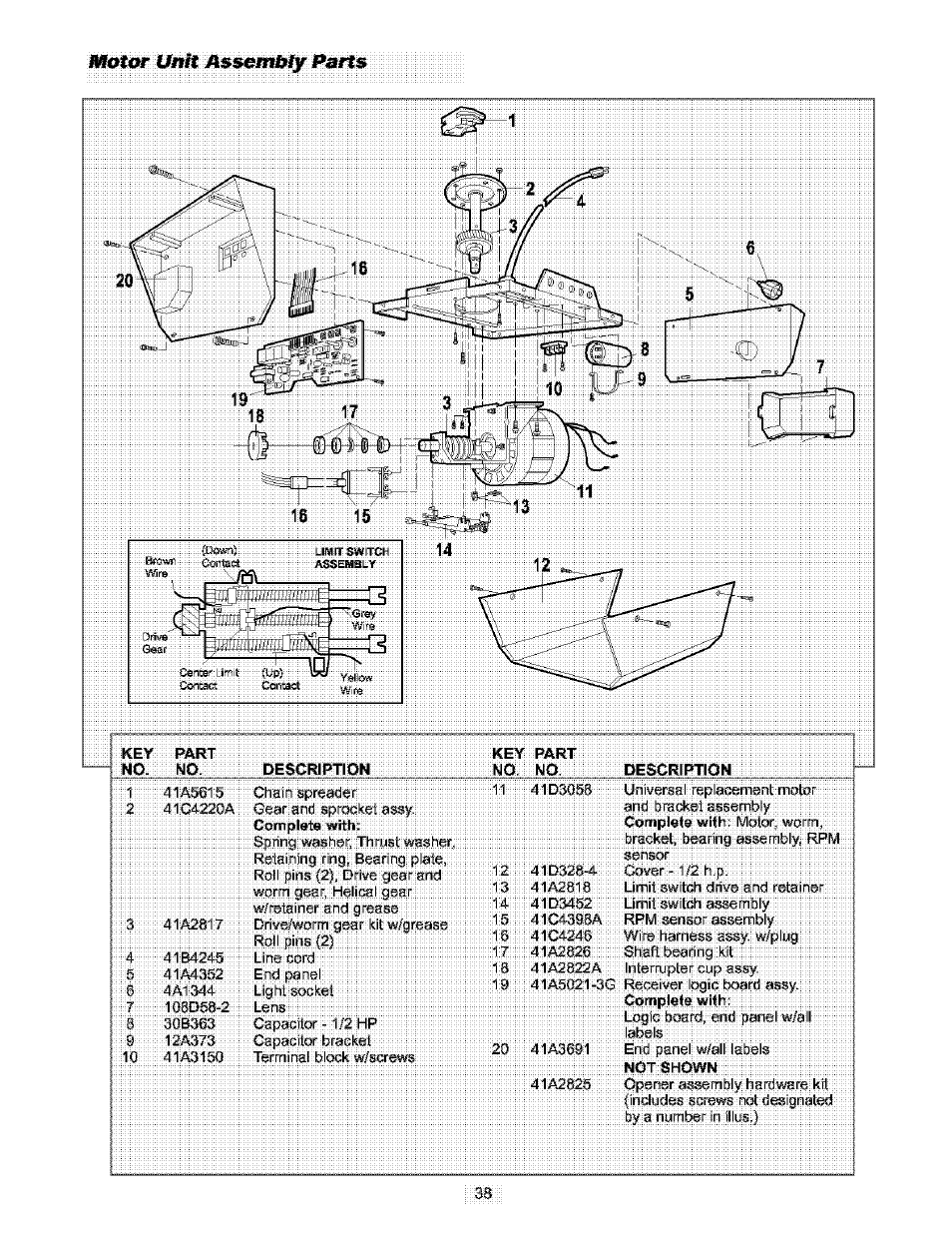 Motar unit assembly p&rts, Motor unit assembly parts, Motar | Craftsman 139.53910 User Manual | Page 38 / 76