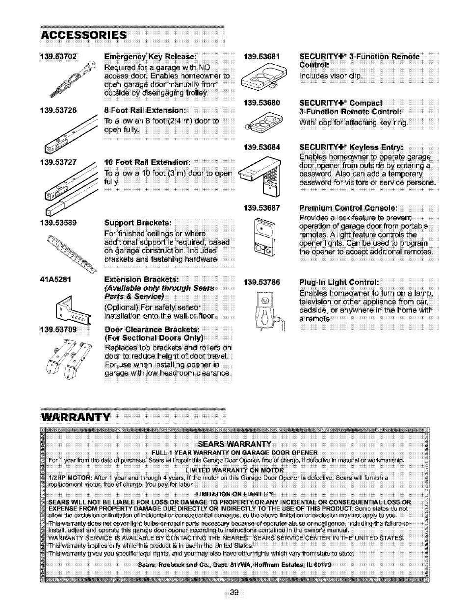 Accessories, Emercjency key release, 8 foot rail extension | 10 foot rail extension, Support brackets, Extension brackets, Door clearance brackets, Security** 3-functlon remote control, Security** compact 3-function remote control, Secur)^*tikeyless entry | Craftsman 139.53910 User Manual | Page 39 / 76