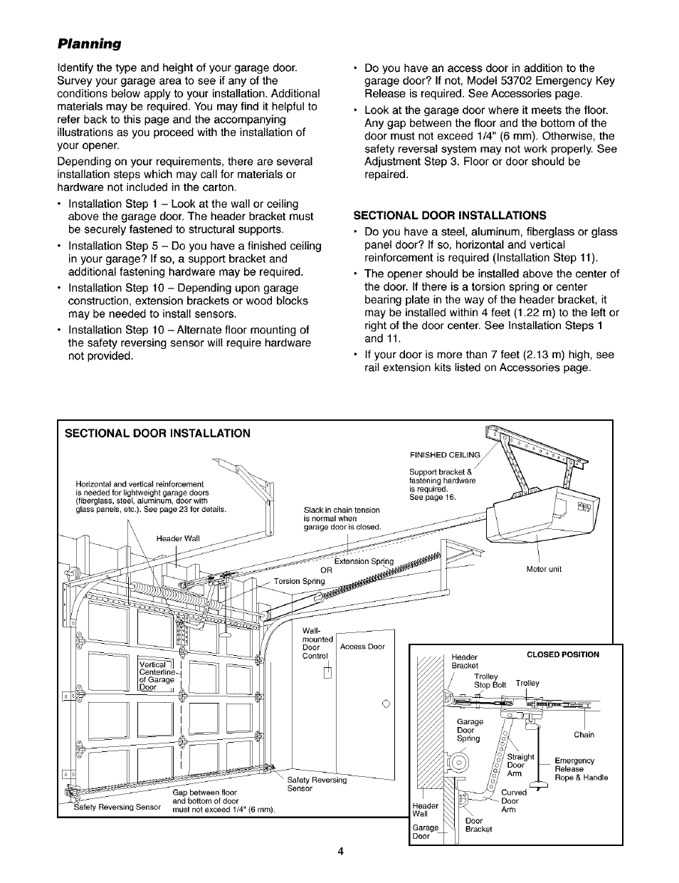 Planning, Sectional door installations, Planning -5 | Craftsman 139.53910 User Manual | Page 4 / 76