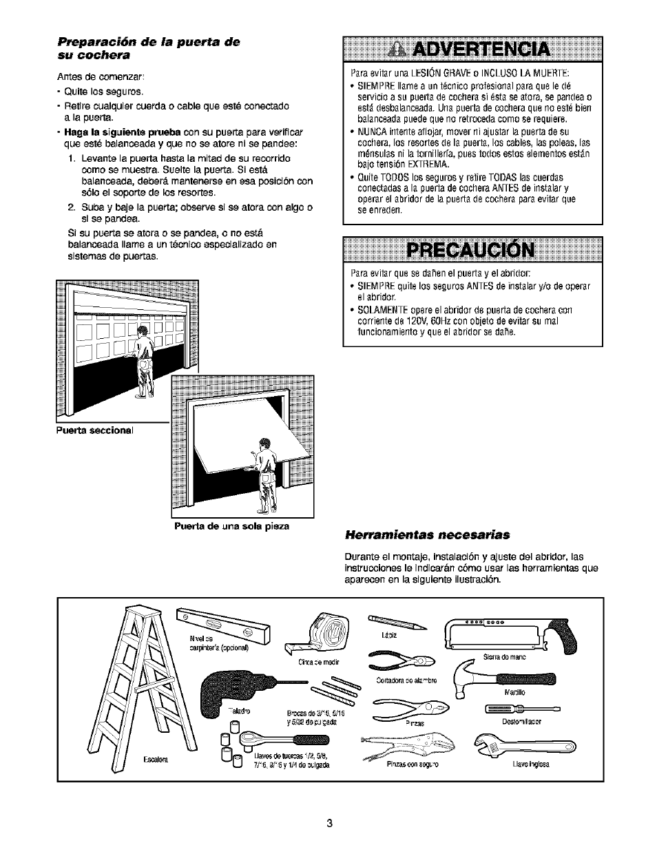 Preparación efe la puerta efe su cochera, Advertencia, Precaucion | Herramientas necesarias, Preparación de la puerta de su cochera | Craftsman 139.53910 User Manual | Page 41 / 76