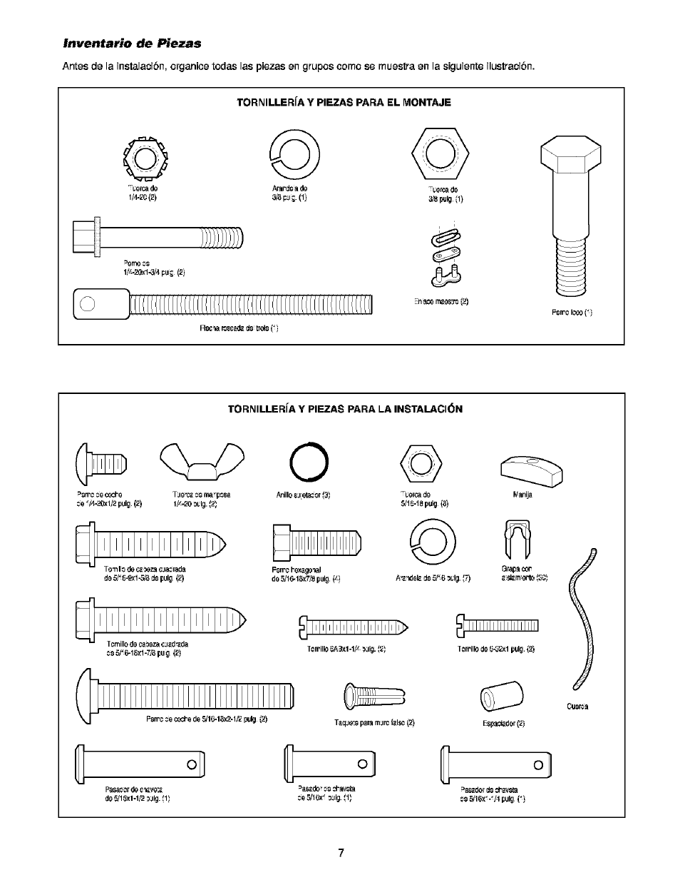 Inventarío de piezas, Tornillería y piezas para la instalación, Inventario de piezas | Inventarío, Piezas | Craftsman 139.53910 User Manual | Page 45 / 76