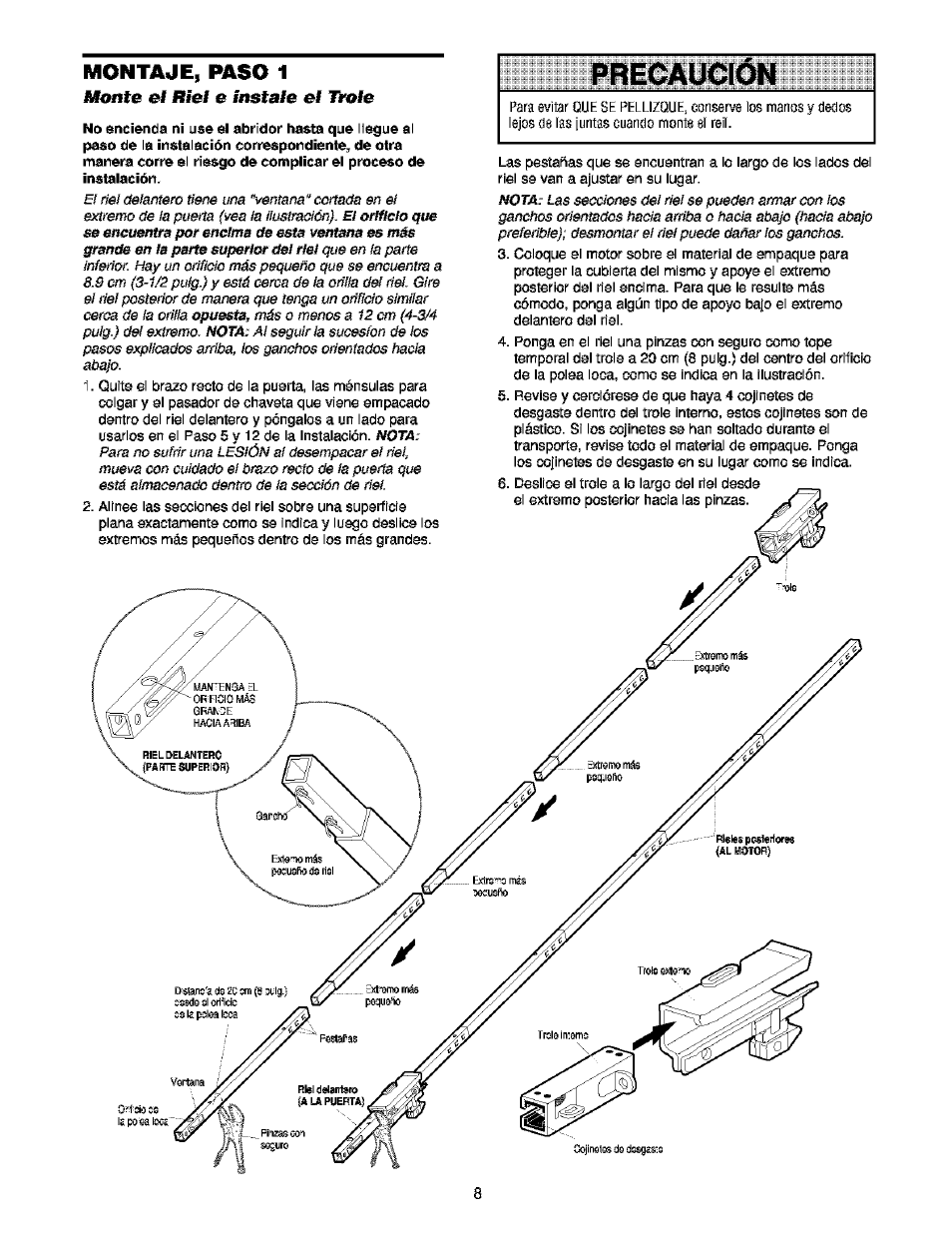 Monte el riel e instale el trole, Monte el riel y instale el trole, Precaución | Montaje, paso 1 | Craftsman 139.53910 User Manual | Page 46 / 76