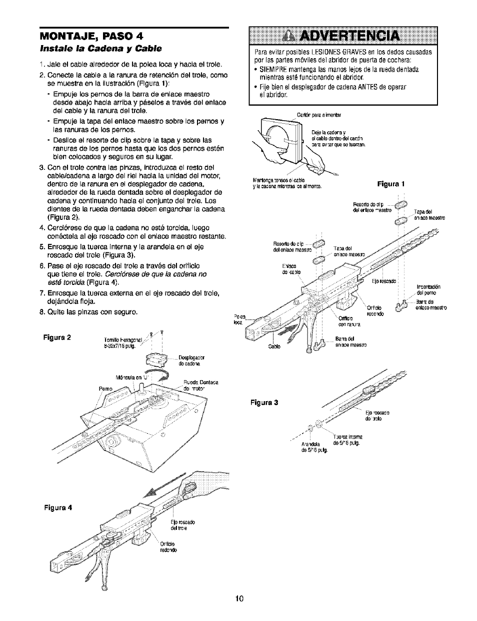 Ínstale la cadena y cable, Instale la cadena y cable, Advertencia | Montaje, paso 4 | Craftsman 139.53910 User Manual | Page 48 / 76