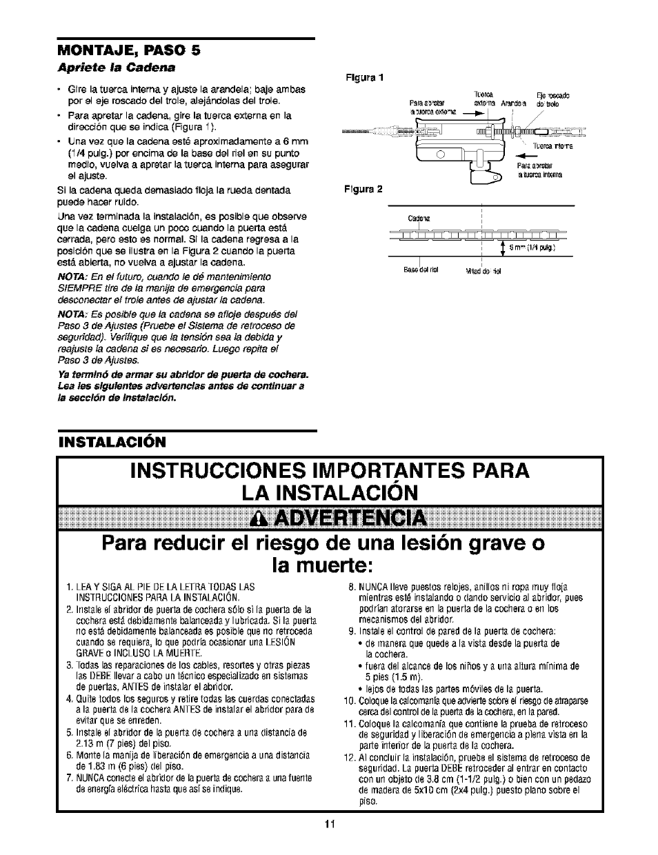 Aprfefe la cadena, Instalacion, A advertencia | Apriete la cadena, Instalación, Aprfefe, Montaje, paso 5 | Craftsman 139.53910 User Manual | Page 49 / 76