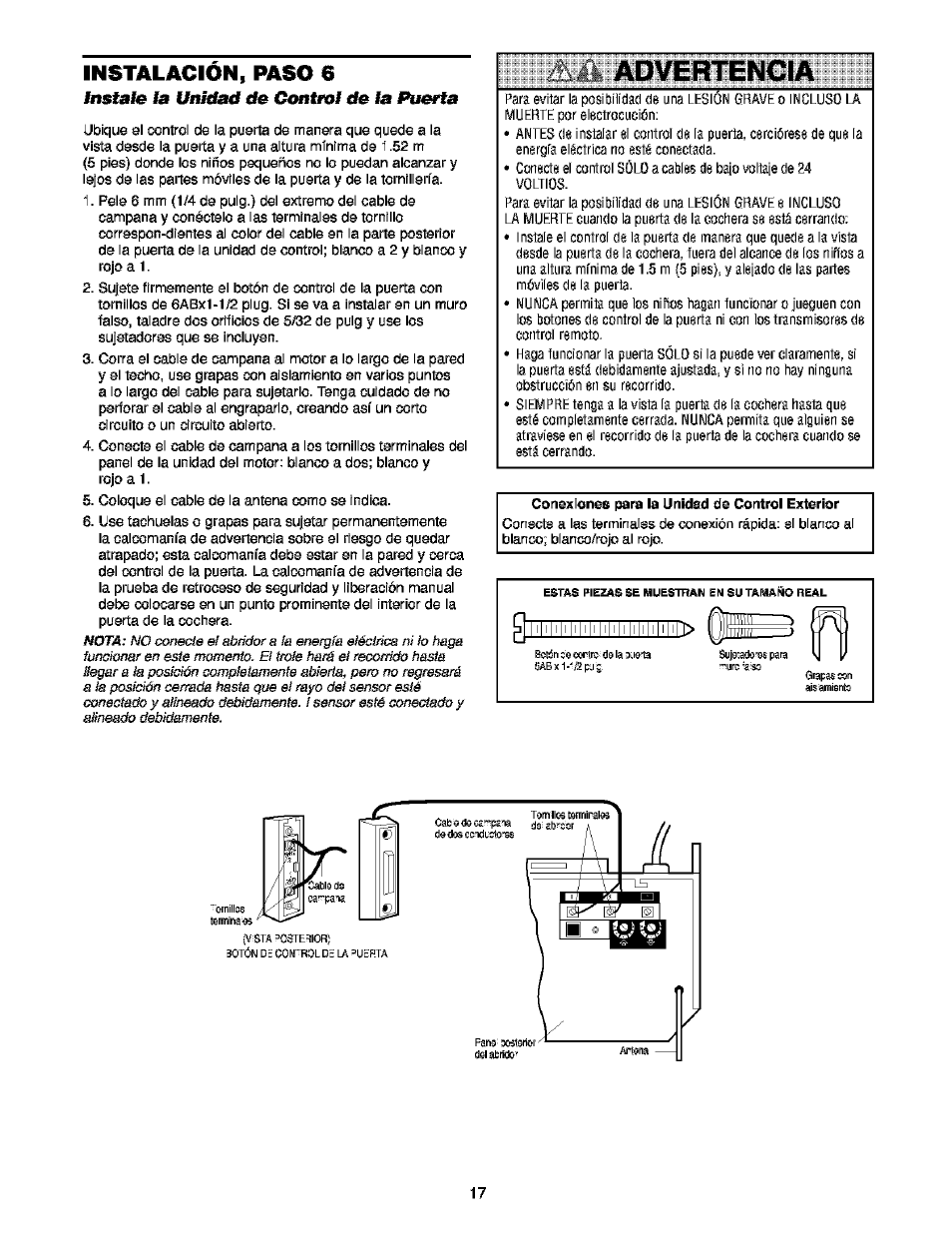 Instale la unidad de conuol de la puerta, Conexiones para la unidad de control exterior, Instale la unidad de control de la puerta | Advertencia, Instalacion, paso 6 | Craftsman 139.53910 User Manual | Page 55 / 76