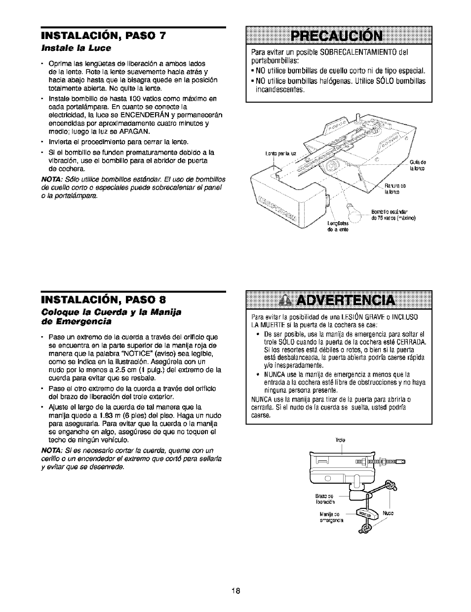 Instate la luce, Instalacion, paso 8, Coloque la cuerda y la manija de emergencia | Instale la luz, Precaucion, Advertencia, Instalacion, paso 7 | Craftsman 139.53910 User Manual | Page 56 / 76