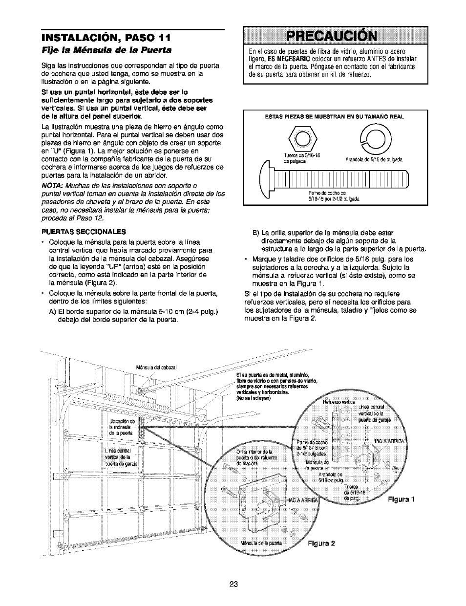 Instalacion, paso 11, Fije la ménsula de la puerta, Fije la ménsula de la puerta -24 | Precaución | Craftsman 139.53910 User Manual | Page 61 / 76