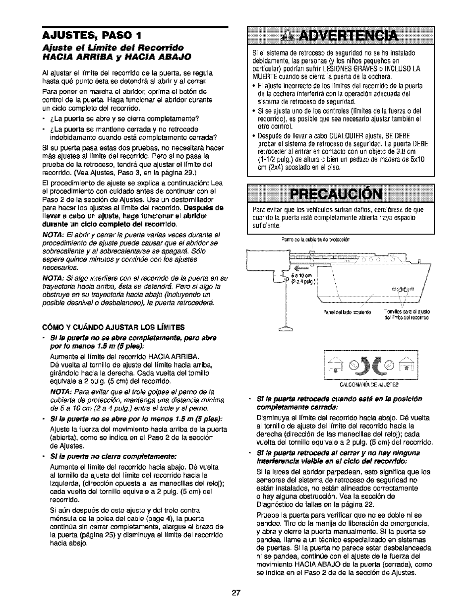 Ajustes, paso 1, Como y cuando ajustar los limites, Precaucion | Craftsman 139.53910 User Manual | Page 65 / 76