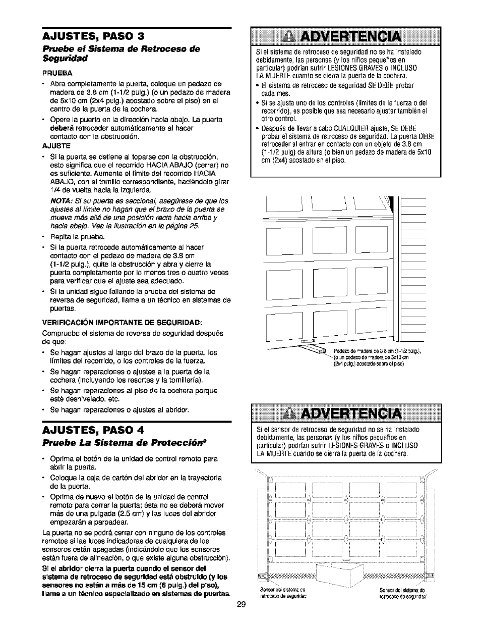 Ajustes, paso 3, P№el»e el sistema de retroceso de seguridad, Ajustes, paso 4 | Pruebe la sistema de protección, Pruebe el sistema de retroceso de seguridad, Advertencia, Ajustes, paso 3 p№el»e el | Craftsman 139.53910 User Manual | Page 67 / 76