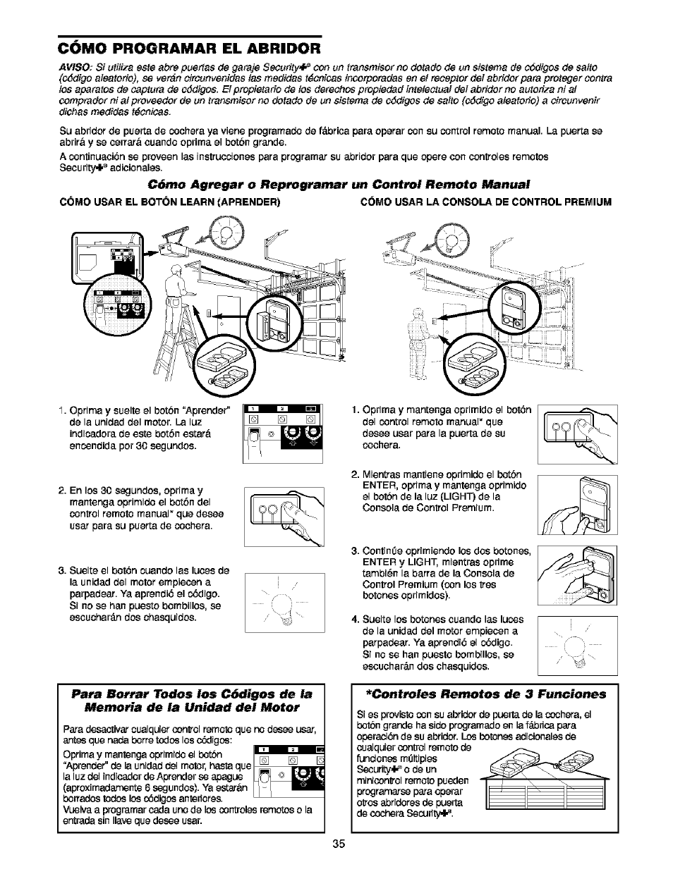 Como programar el abridor, Controles remotos de 3 funciones, Cómo programar el abridor | Craftsman 139.53910 User Manual | Page 73 / 76