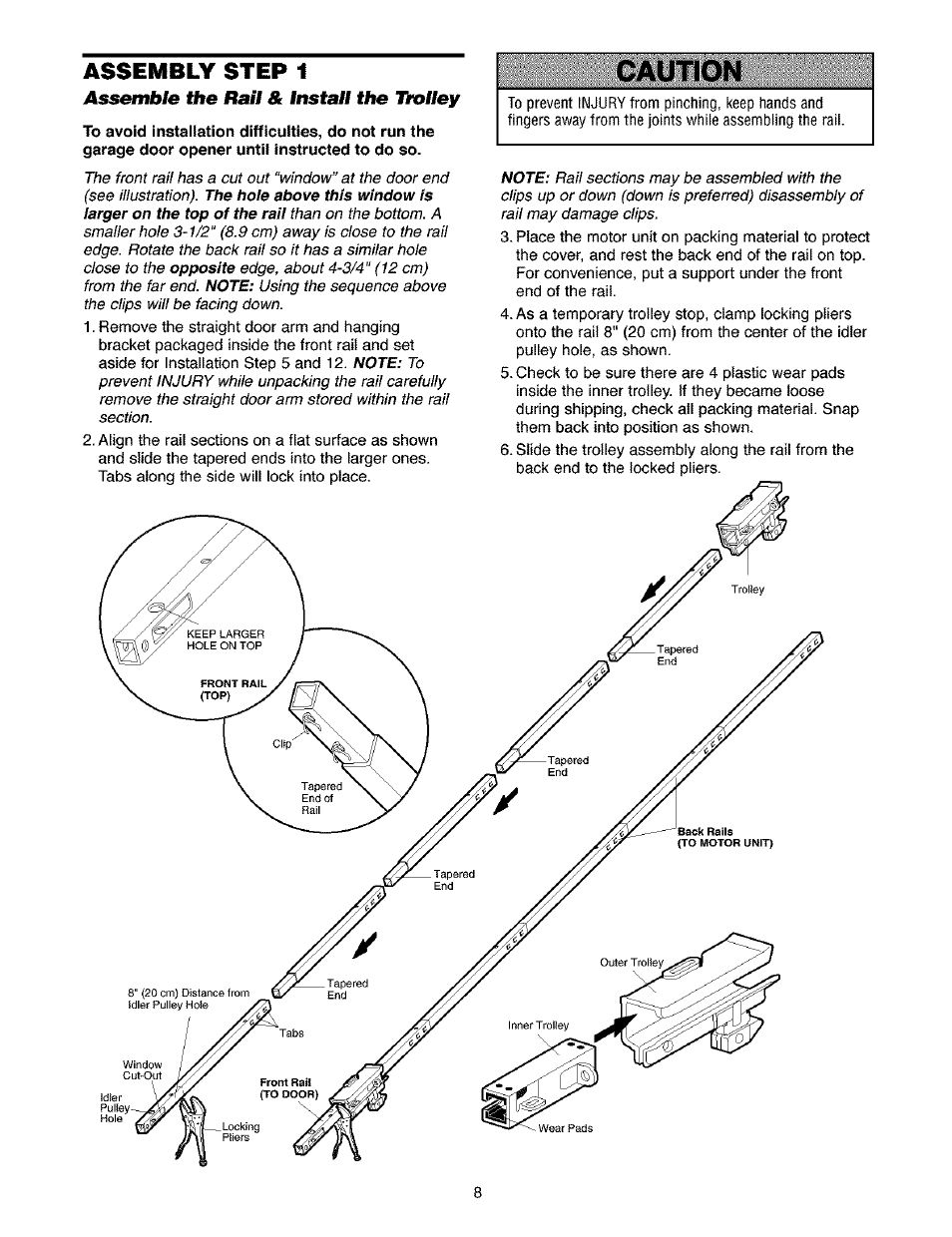 Assemb/e the rail & install the tielley, Assemble the rail and install the trolley, Caution | Assemb/e the, Assembly step 1 | Craftsman 139.53910 User Manual | Page 8 / 76