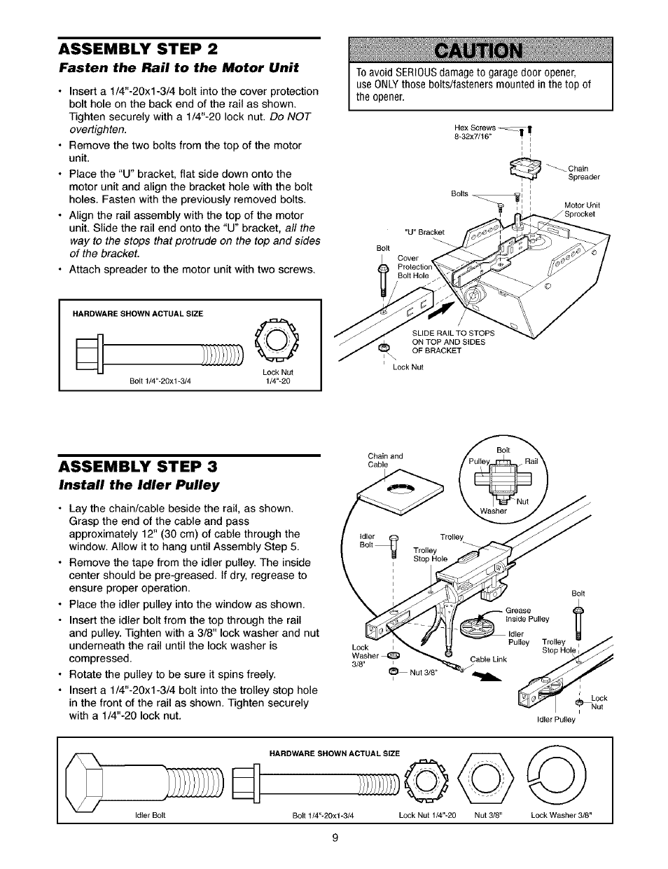 Fasten the rail to the motor unit, Assembly step 3, Install the idler pulley | Caution | Craftsman 139.53910 User Manual | Page 9 / 76