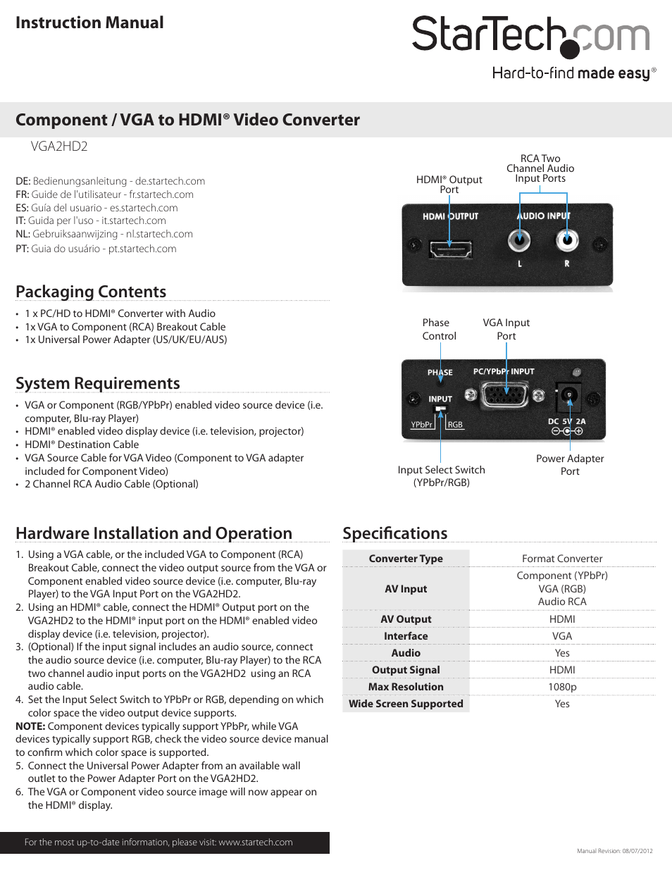 StarTech.com VGA2HD2 User Manual | 2 pages